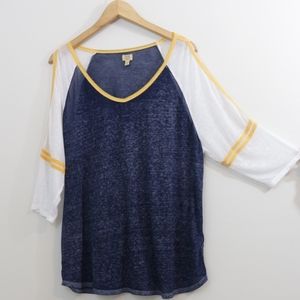 True Craft Navy Blue and White Raglan Top with Yellow Trim